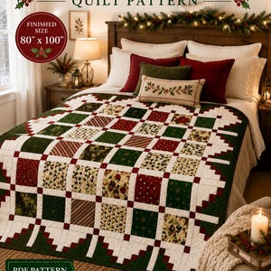 May include: A Christmas Hearth quilt pattern featuring a grid of red, green, and cream fabric squares with festive holiday prints. The finished size is 80 inches by 100 inches. The quilt is displayed on a bed with pillows and a candle.
