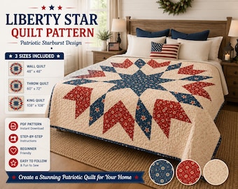 Mönster för Liberty Star-quilt – Patriotisk stjärnexplosionsdesign – 3 storlekar – 4 färgställningar (PDF-mönster)