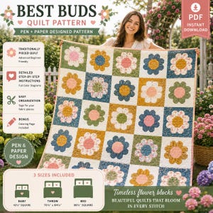 Op de afbeelding: Een Best Buds quiltpatroon met een raster van bloemblokken in tinten roze, geel, groen en blauw. Het ontwerp bevat instructies voor baby-, plaid- en bedmaten, variërend van 108 cm tot 250 cm in het vierkant.