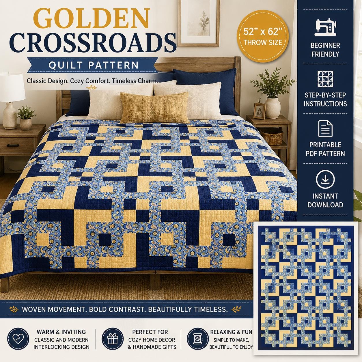 Golden Crossroads Quilt Pattern, Beginner Friendly Throw, Scrappy…