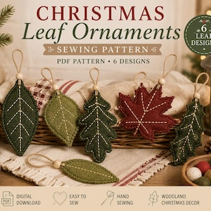 May include: A set of six felt leaf ornaments in various shapes and shades of green and red, featuring decorative white stitching, twine hanging loops with wooden beads, and text reading CHRISTMAS Leaf Ornaments SEWING PATTERN PDF PATTERN.