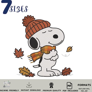 Puede incluir: Un diseño de bordado que muestra un perro de dibujos animados blanco con un gorro de punto naranja con pompón y una bufanda a cuadros, rodeado de hojas de otoño. El texto 7 SIZES aparece arriba, con los formatos de archivo abajo.