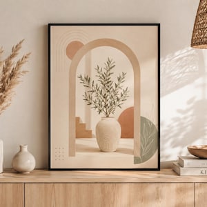 Peut inclure: Une impression d'art encadrée représentant une arche centrale encadrant une plante en pot dans un vase texturé. La composition comprend des formes géométriques comme des cercles et des escaliers dans des tons sourds de beige, terre cuite et vert sauge.