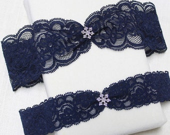 Snowflake garter set, navy garter set, silver crystal charm garter set, wedding garter set, lace garter set, bridal garter set