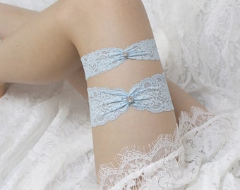 Blue lace garter set, crystal garter set, wedding garter set, bridal garters, lace garter set, something blue garter