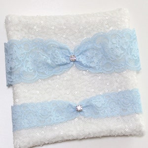 Blue Lace Garter Set, Crystal Wedding Garter Set, Something blue Lace Garter Set