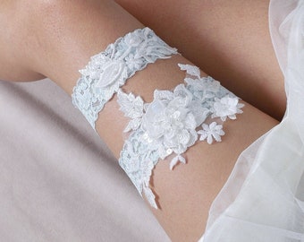 Lace garter set, wedding garter set, bridal garter set, bride garter set, blue garter set