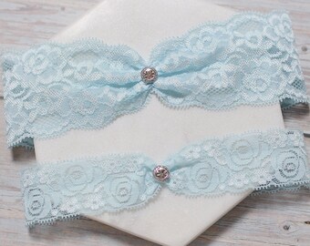 Light blue lace garter set, silver crystal charm garter set, wedding garter set, lace garter set, bridal garter set