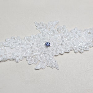 Something Blue Crystal Garter, Ivory White Lace Bridal Garter, Bride Garter for Wedding