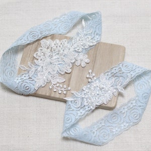 Something Blue Lace Garter Set, Beaded Embroidery Lace Garter, Bride garter for Wedding, White Ivory Lace Keepsake Toss Garter