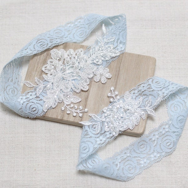 Something Blue Lace Garter Set, Beaded Embroidery Lace Garters