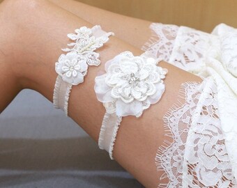 Ivory Lace Wedding Garter Set: Floral Applique, Beaded Bridal Garters