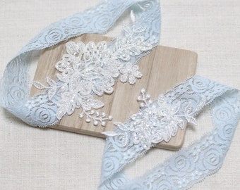 Something Blue Lace Garter Set: Beaded Embroidery Lace Garters