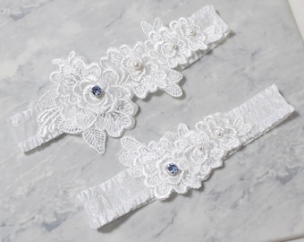 Sapphire crystal lace garter set, Bridal garter set, Pearl garter set, Wedding garter set, Lace garter set, Something blue garter set