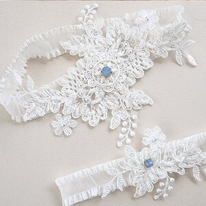 Something Blue Garter Set, Bridal Lace Blue Crystal Garter Set, Wedding Garter Belt