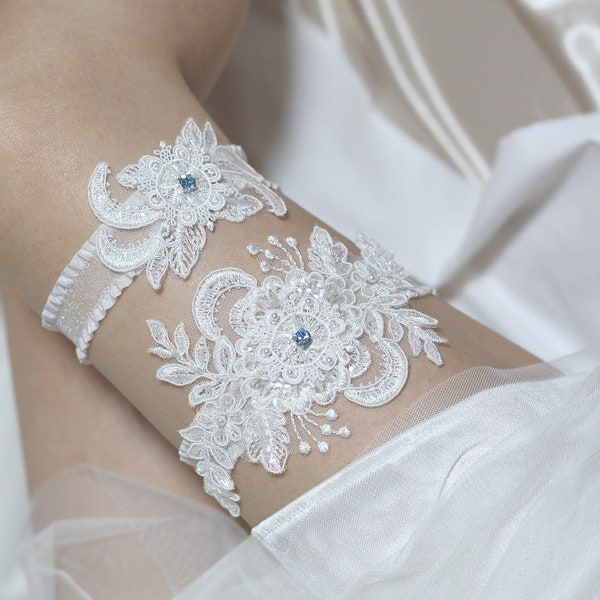 Something blue garter set, bridal garter belt, lace garter set,  white garter set, bridal lingerie, Swarovski blue stone garter set