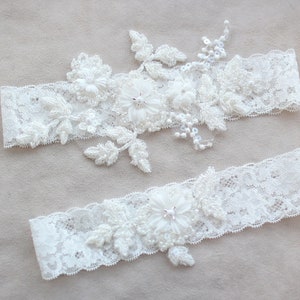 Lace Garter Set, Bridal Embroidered Lace Beaded Garter Set, Bride Garter for Wedding