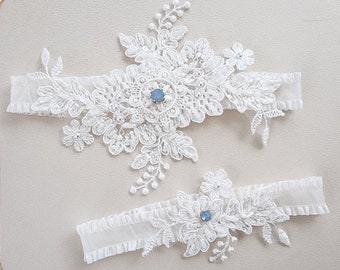 Something Blue garter set, bridal garter set, lace garter set, bridal lingerie, blue stone garter set, wedding garter belt