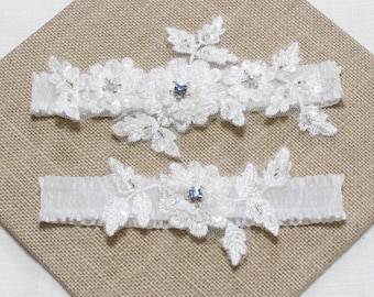 Blue Crystal Wedding Garter Set: Blossom Lace Bridal Garters