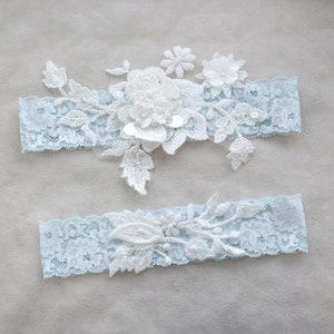 Something blue garter set, wedding garter set, lace garter set, lace wedding garter set image 1