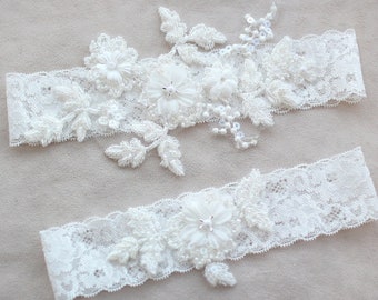 Lace garter set, bridal garter set, wedding garter set, beaded lace garter set, garter for wedding