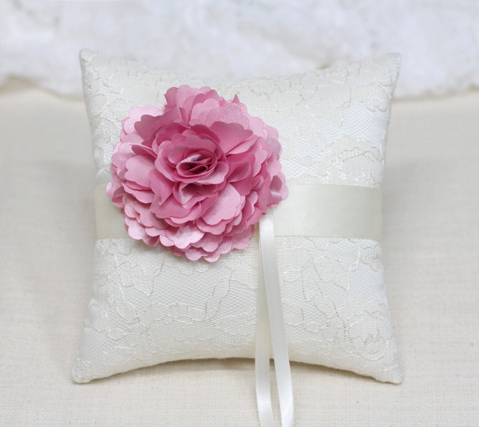 Wedding Ring Bearer Pillow Pink Flower on Ivory Lace Ring Etsy