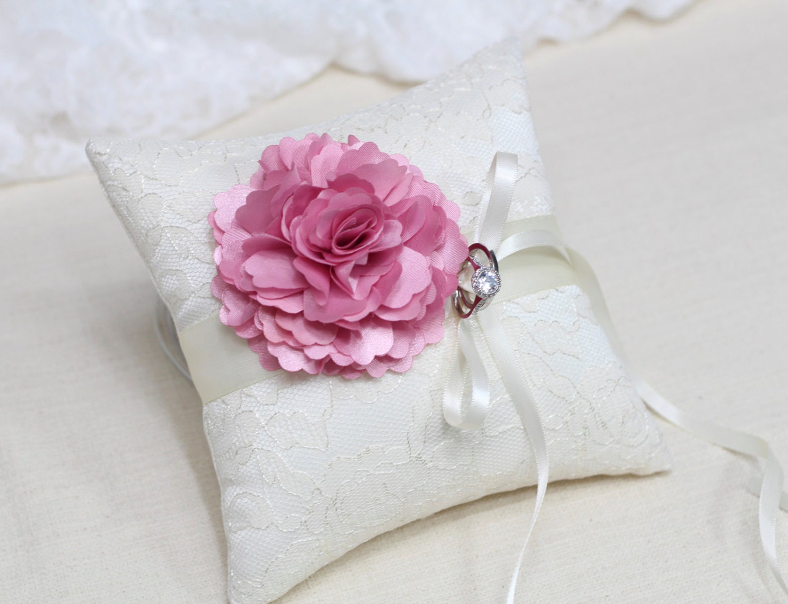 Wedding Ring Bearer Pillow Pink Flower on Ivory Lace Ring Etsy