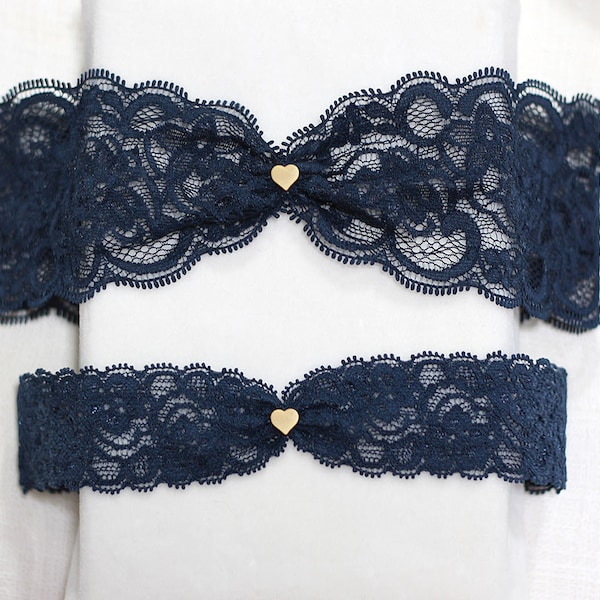 Navy Lace Wedding Garter Set- Gold Tiny Heart Charm, Keepsake Toss Garters