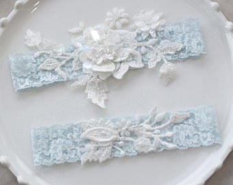 Something blue garter set, Wedding garter set, Lace garter set, Bridal garter set