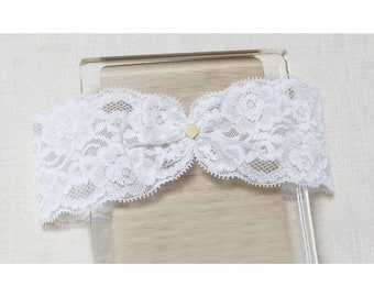 White lace garter, gold tiny heart charm garter, wedding garter, lace garter, bridal garter, bride garter