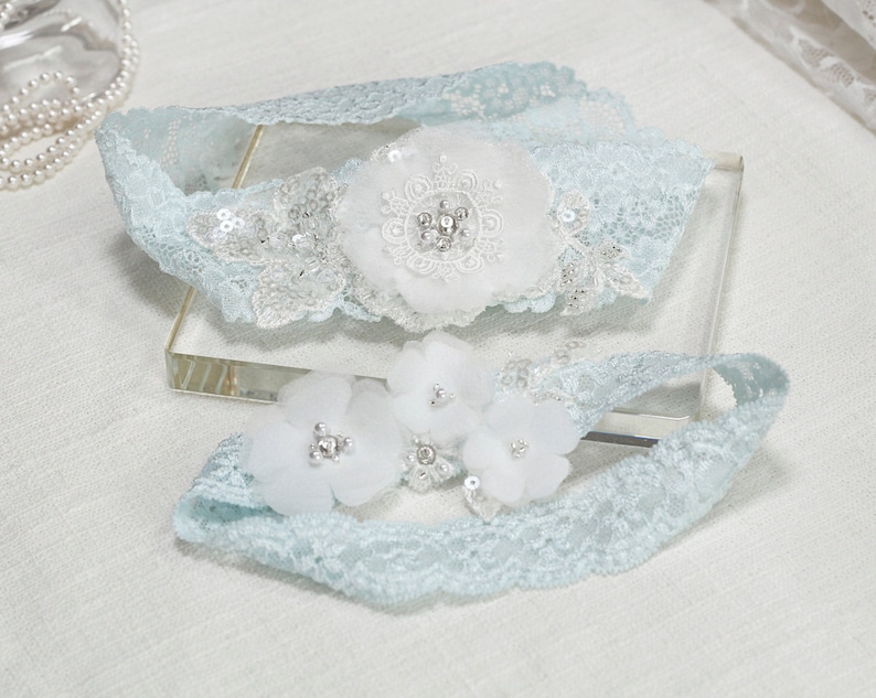 Wedding Garter Set Bridal Garters Floral Garter Set Lace Garter Set Blue Lace Garter Set