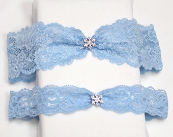 Blue lace garter set, wedding garter set, Something blue garter, blue garter set, garter set, snowflake charm