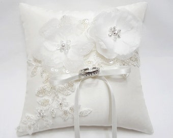 Wedding ring pillow, off white ring pillow, organza blossom ring pillow, ring bearer pillow