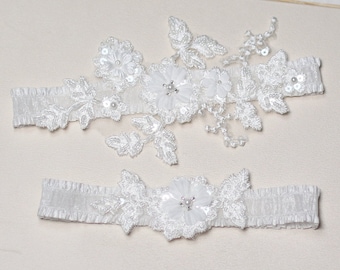 Beaded lace garter set, lace garter set, bridal garter set, wedding garter set