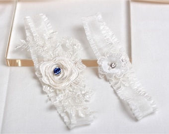 Blue stone garter set, something blue garter set, lace garter set, off white garter set