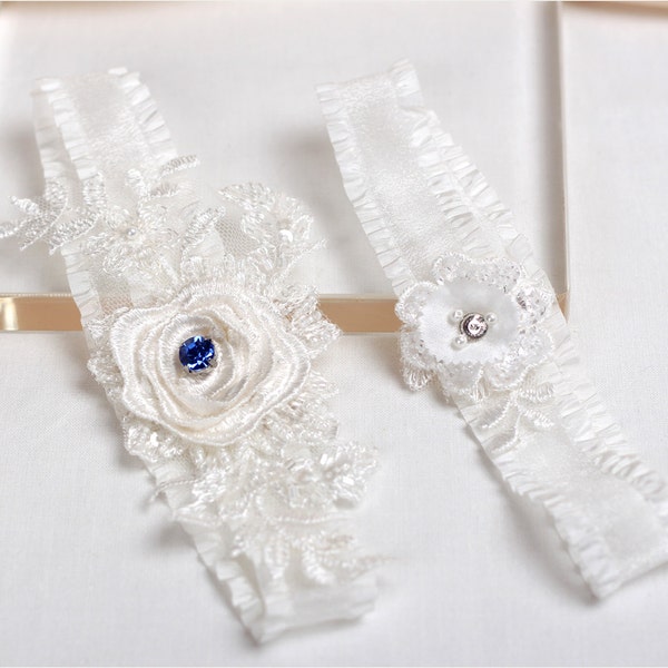 Blue stone garter set, something blue garter set, lace garter set, off white garter set