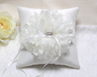 Off White Flower Wedding Ring Pillow, Silk Bridal Cushion, Satin Organza Bloom