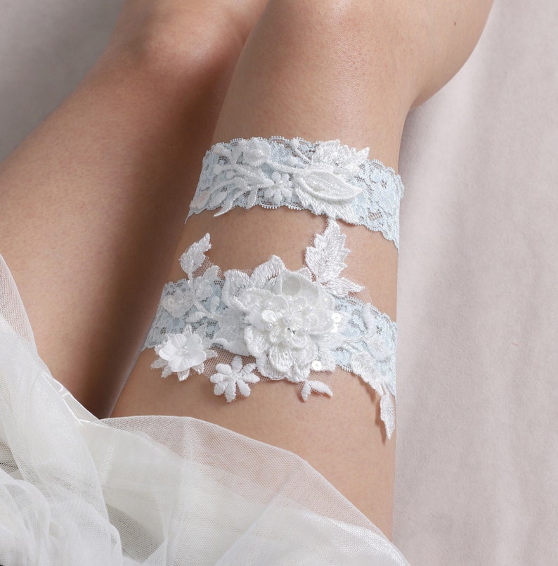 Something blue garter set, wedding garter set, lace garter set, lace wedding garter set image 3