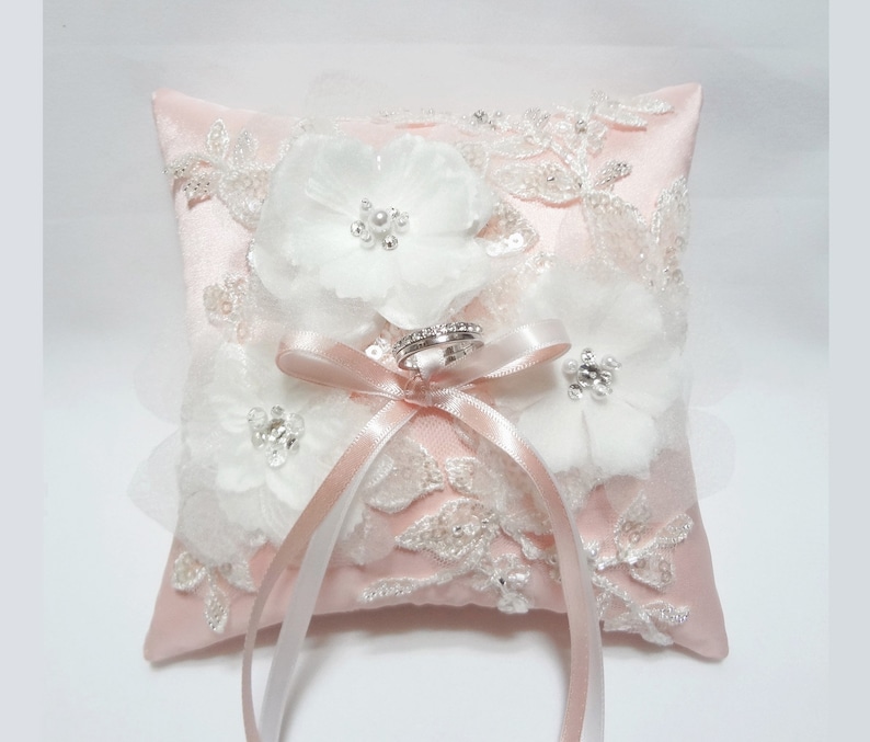 Antique pink beaded floral lace wedding ring bearer pillow