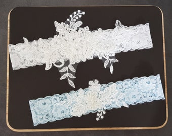 Lace garter set, wedding garter set, light blue garter set, ivory lace garter set, bridal garter set