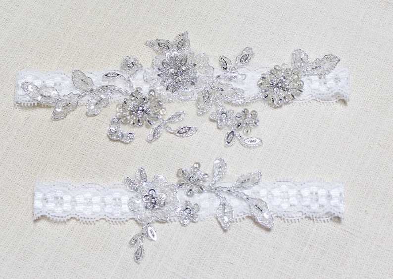 Silver beaded lace garter set, wedding garter set, bridal garter set, blue lace garters, wedding garter, sequin garters image 2