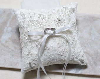 Sequin lace ring pillow, wedding ring bearer pillow, wedding ceremony ring pillow, ring cushion, off white sequin lace on silk pillow