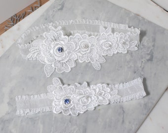 Blue crystal garter set, Pearl garter set, Wedding garter set, Rose lace garter set, Something blue garter set