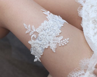 Blue Lace Wedding Garter- Beaded Embroidery Keepsake Single Garter