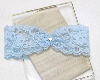 Blue lace garter, gold tiny heart charm garter, wedding garter, lace garter, bridal garter, lace keepsake garter, toss garter