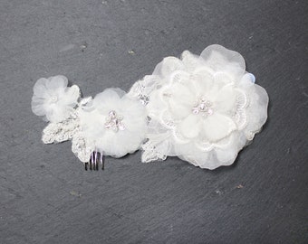 Ivory lace hair comb, bridal headpiece, organza flower headpiece, bridal hair comb, wedding hair comb