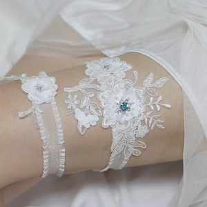 Teal blue peacock Swarovski rhinestone garter set, something blue garter set, wedding garters, satin lace garter set, bridal garter set