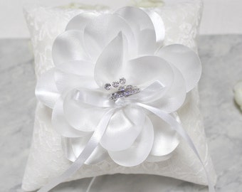 White Satin Flower Wedding Ring Pillow
