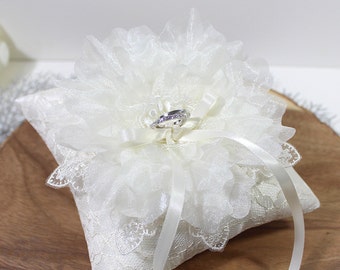 Organza flower ring pillow, wedding ring bearer pillow, lace ring pillow, ivory ring pillow, wedding ring cushion