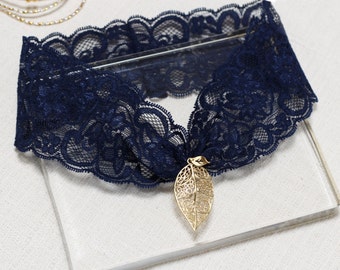 Navy lace garter, gold garter, wedding garter, bridal garter, lace keepsake garter, gold leaves garter, toss garter